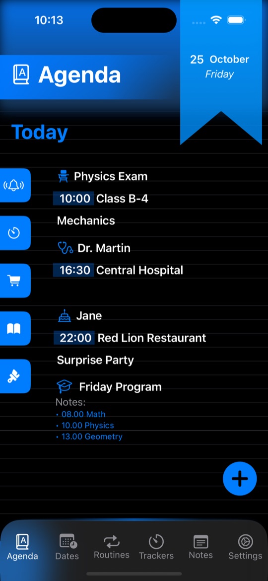 Routine Goals Planner Agenda screen listing today's appointments and notes