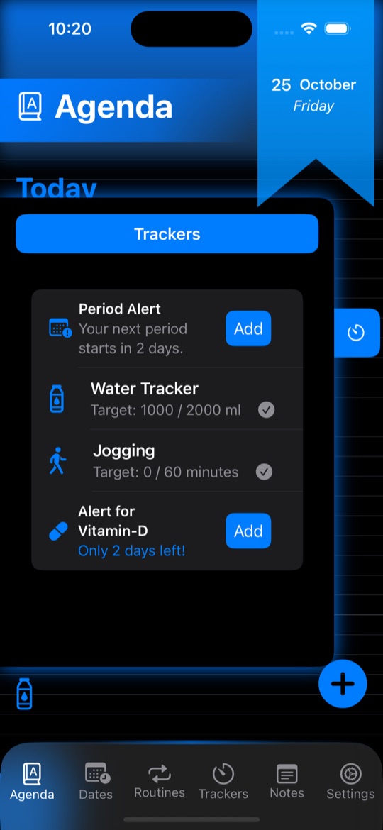 Trackers screen with water, jogging, period and vitamin reminders