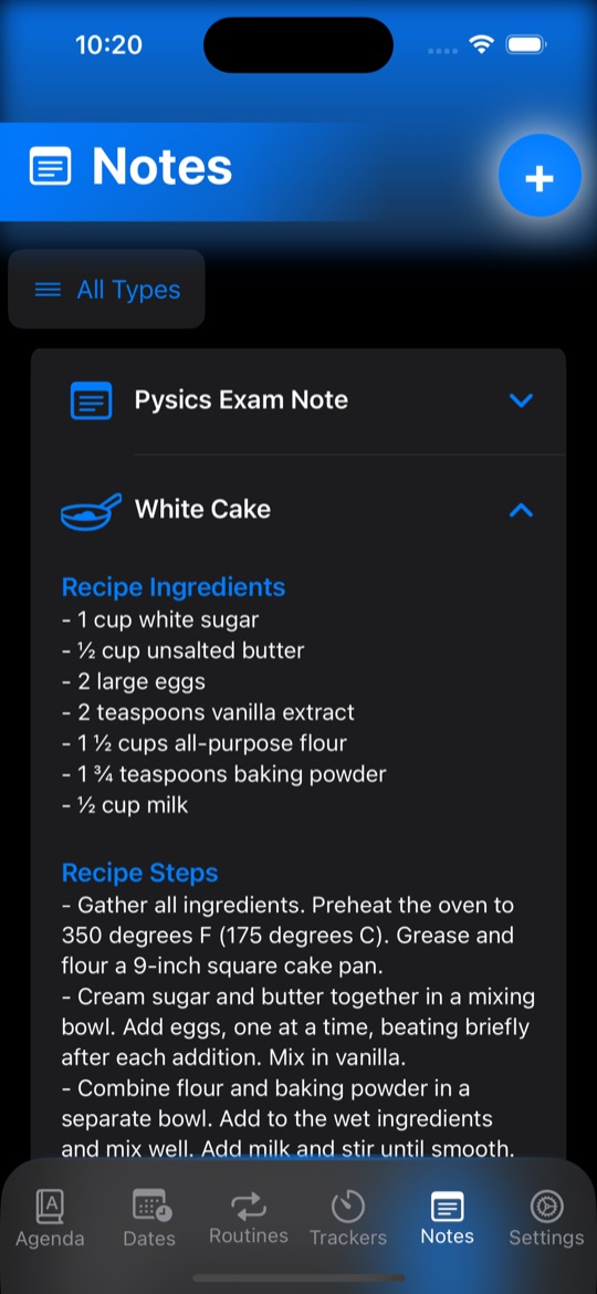 Notes screen showing an expanded recipe note with ingredients and steps