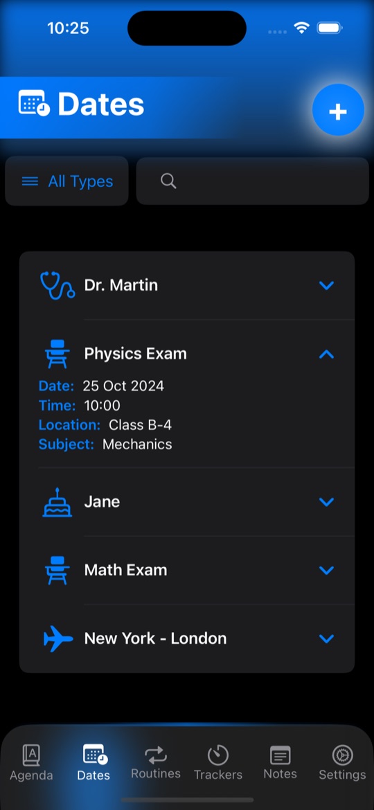 Dates screen with appointments grouped by type and a search field